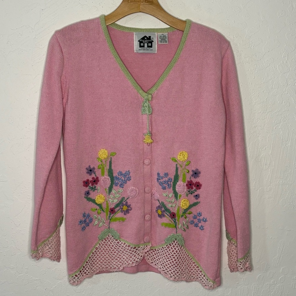Storybook Knits Women XS Sweater Pink Blossoms Embroidered Spring Easter Buttons